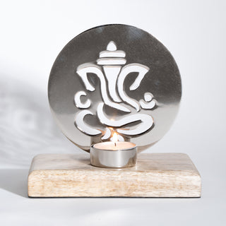 Iron T-light With Wood Bsae Ganesh Ji