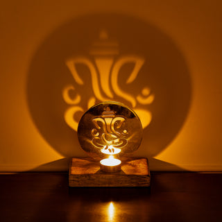 Iron T-light With Wood Bsae Ganesh Ji
