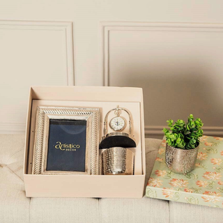 Gift Hamper Including Photo Frame, Planter & Table Clock with compass in Nickle Finish