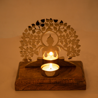 Iron T-light With Wood Base Gautam Buddha