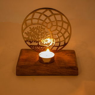 Iron T-light With Wood Base Tree