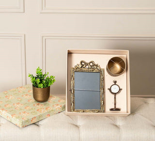 Gift Hamper Including Photo Frame, Planter & Table Clock in Gold Antique Finish