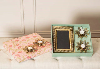 Gift Hamper Including Photo Frame, Brass Lotus T-light holder & Fuschia floral gift hamper in Gold Antique Finish