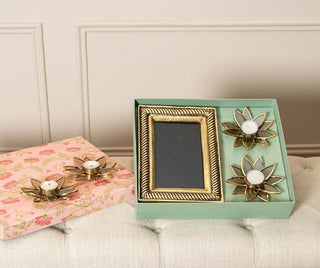 Gift Hamper Including Photo Frame, Brass Lotus T-light holder & Fuschia floral gift hamper in Gold Antique Finish