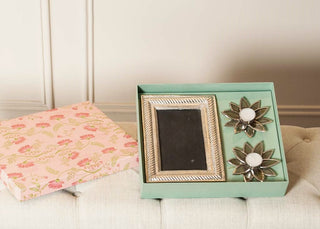 Gift Hamper Including Photo Frame, Brass Lotus T-light holder & Fuschia floral gift hamper in Gold Antique Finish