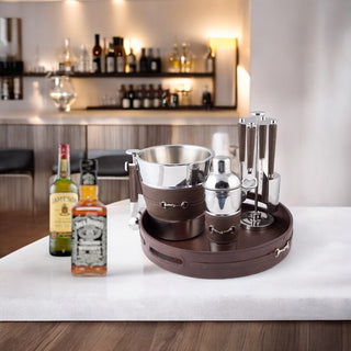Barset (MDF leather tray , Tumbler, Wine chiiler, tong , peg measure, ice spoon, bottle opener & Cork Opener