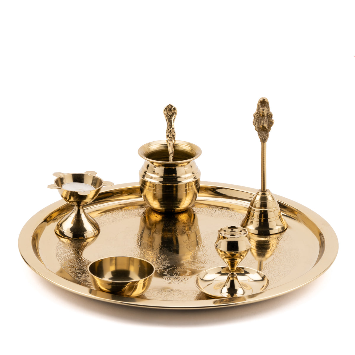 Stainless Steel Pooja Thali – Large with 6-Piece Accessory Set