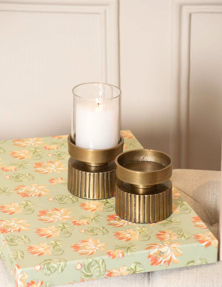 Ribbed Candle Holder – Gold Antique Finish with Glass