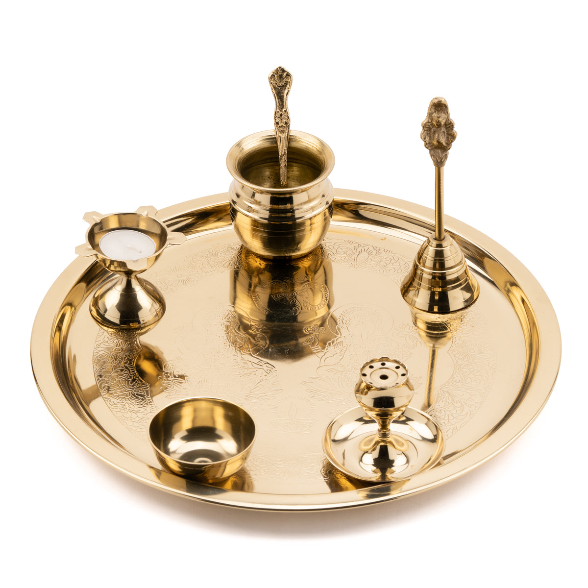 Stainless Steel Pooja Thali – Large with 6-Piece Accessory Set