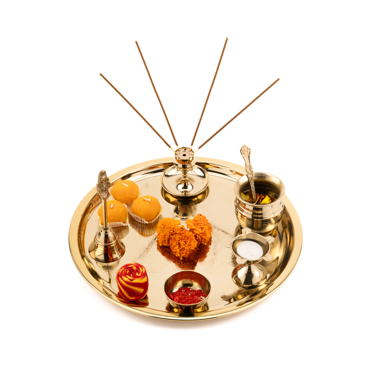Stainless Steel Pooja Thali – Large with 6-Piece Accessory Set
