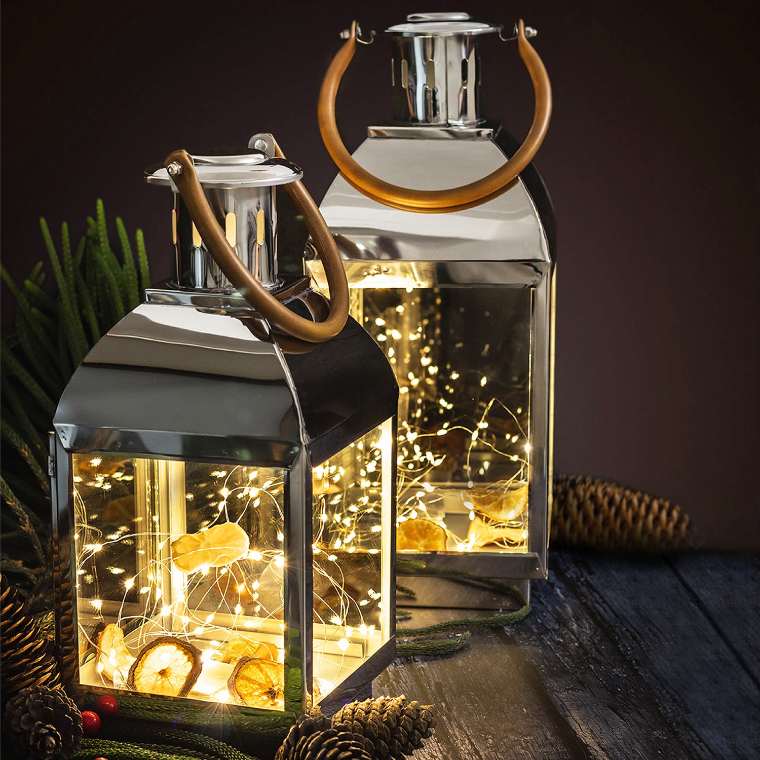 Stainless steel lantern with leather handle