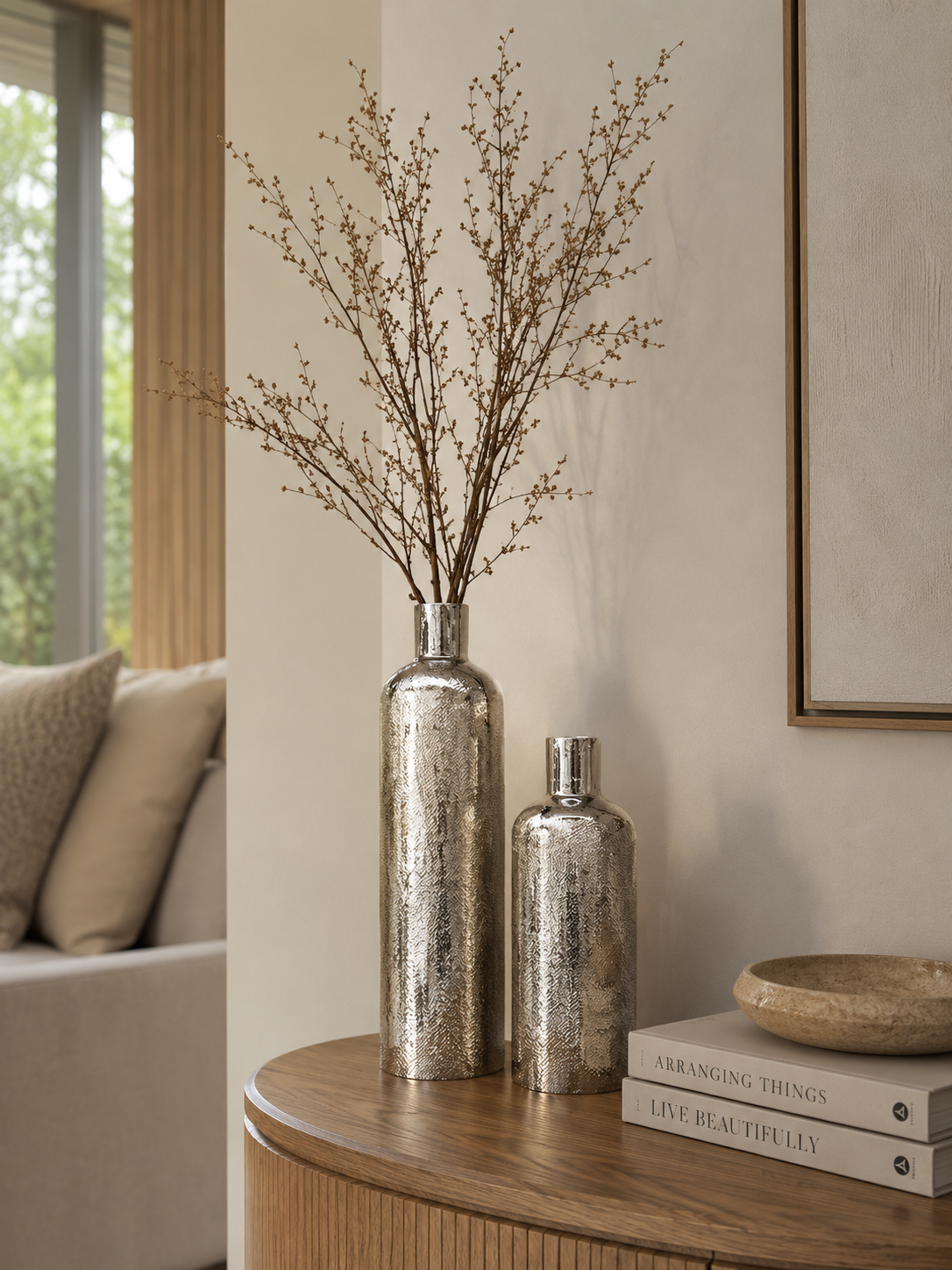 Chatai texture bottle Vase in Shiny Nickel Finish