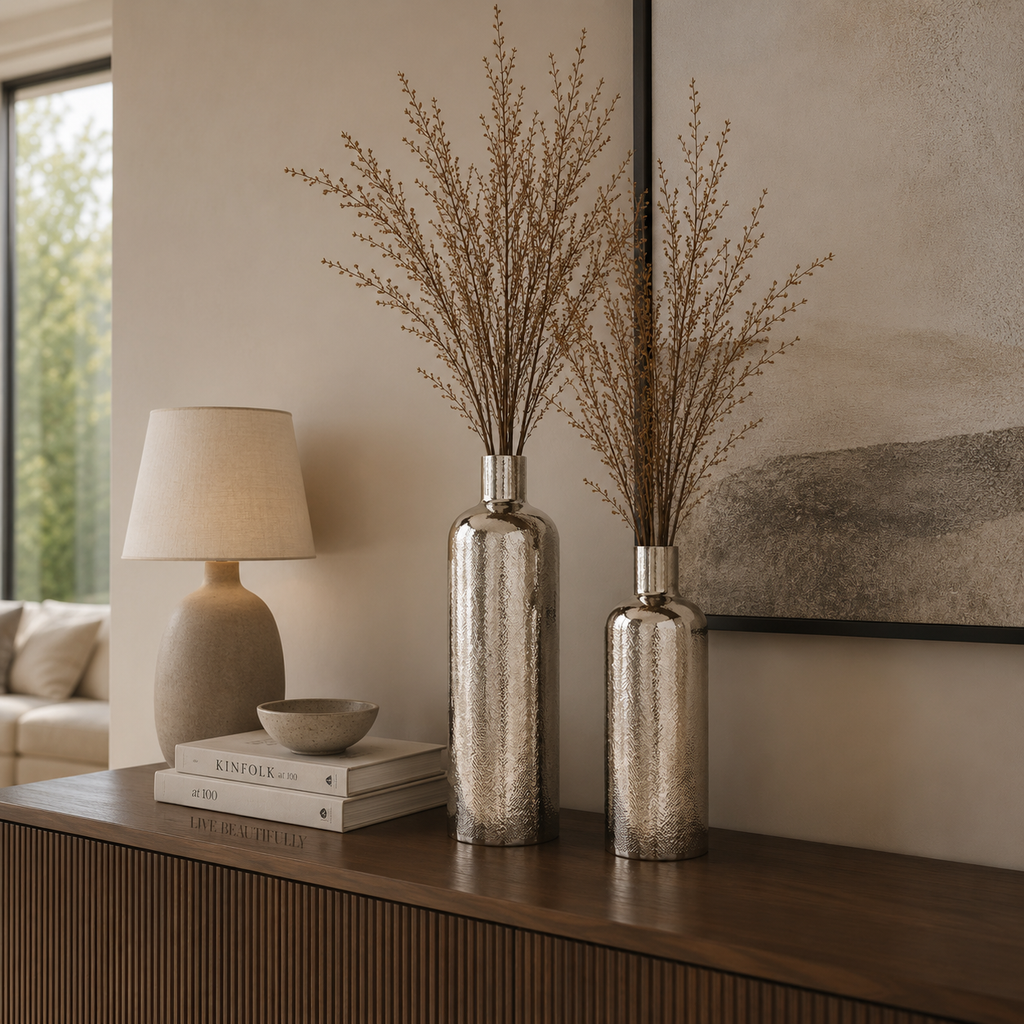 Chatai texture bottle Vase in Shiny Nickel Finish