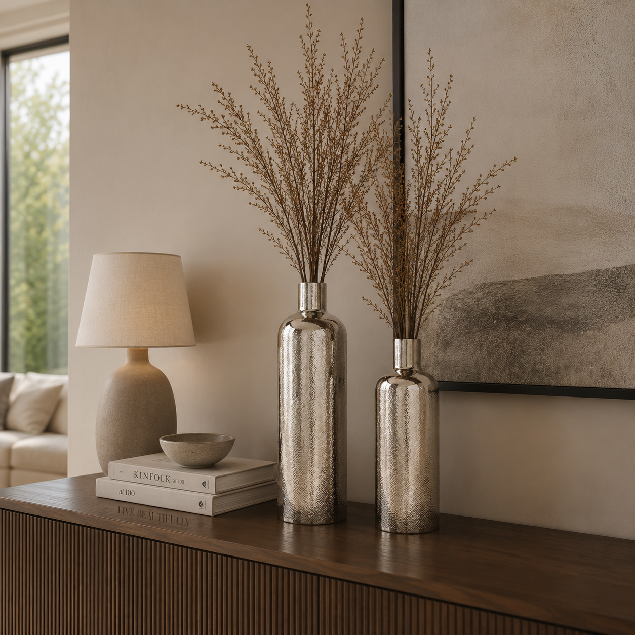 Chatai texture bottle Vase in Shiny Nickel Finish