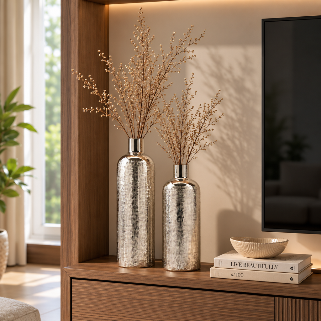 Chatai texture bottle Vase in Shiny Nickel Finish
