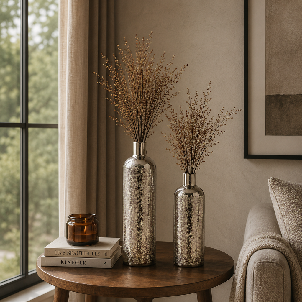 Chatai texture bottle Vase in Shiny Nickel Finish