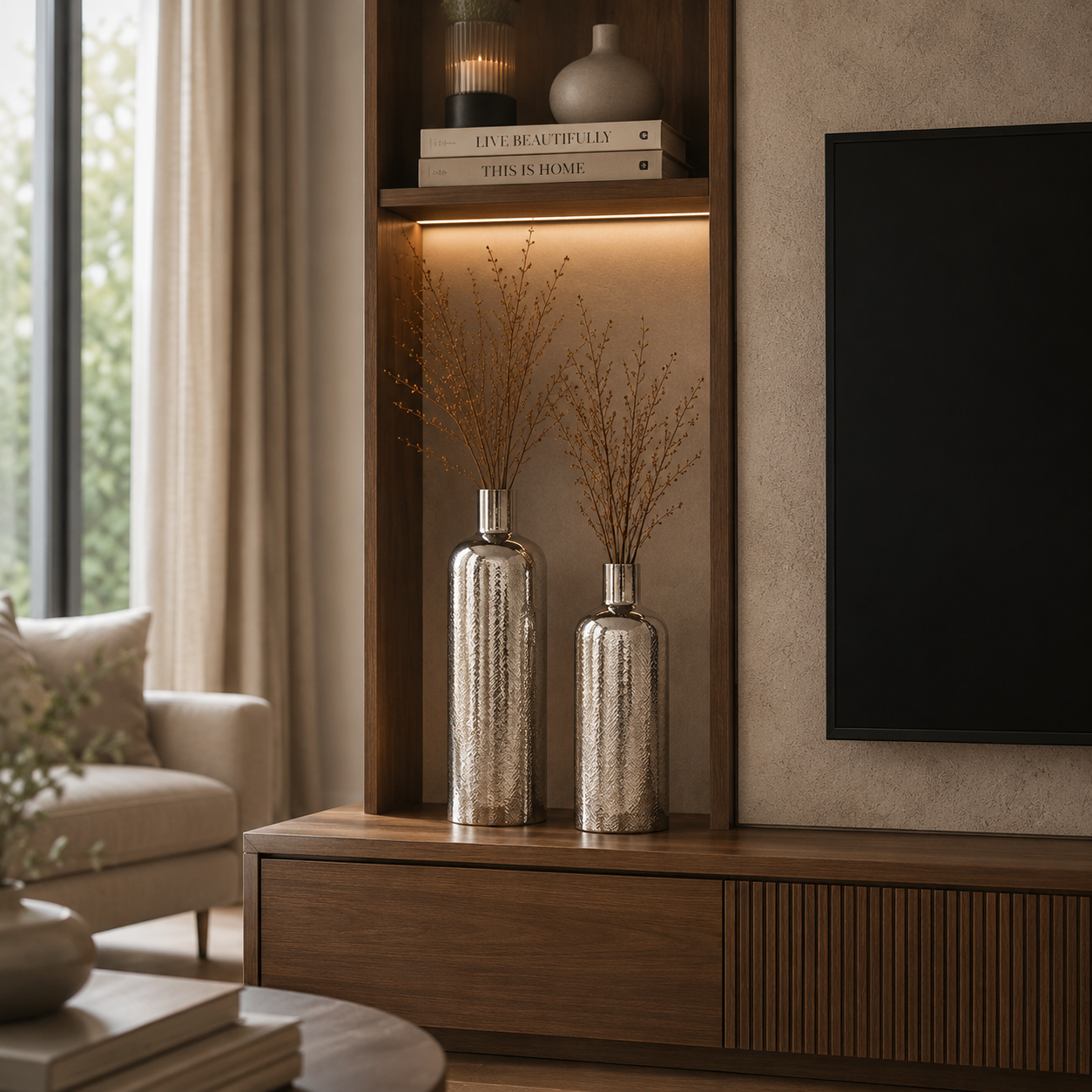 Chatai texture bottle Vase in Shiny Nickel Finish