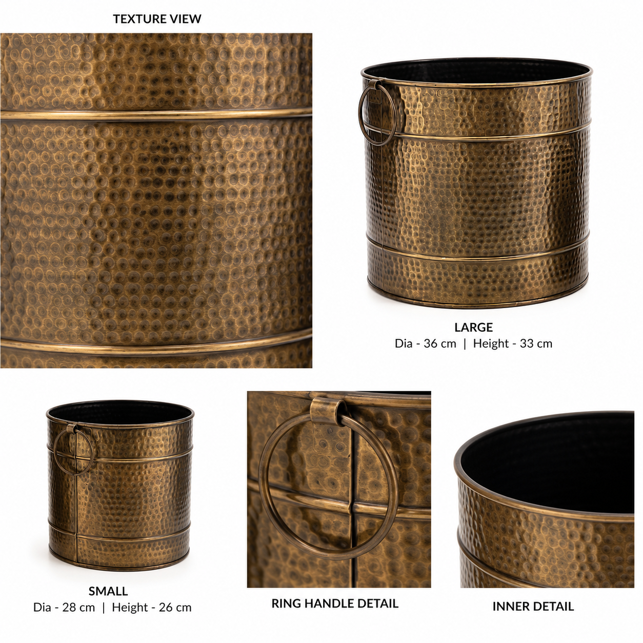 Dot hammered Kunda planter in Gold Antique finish