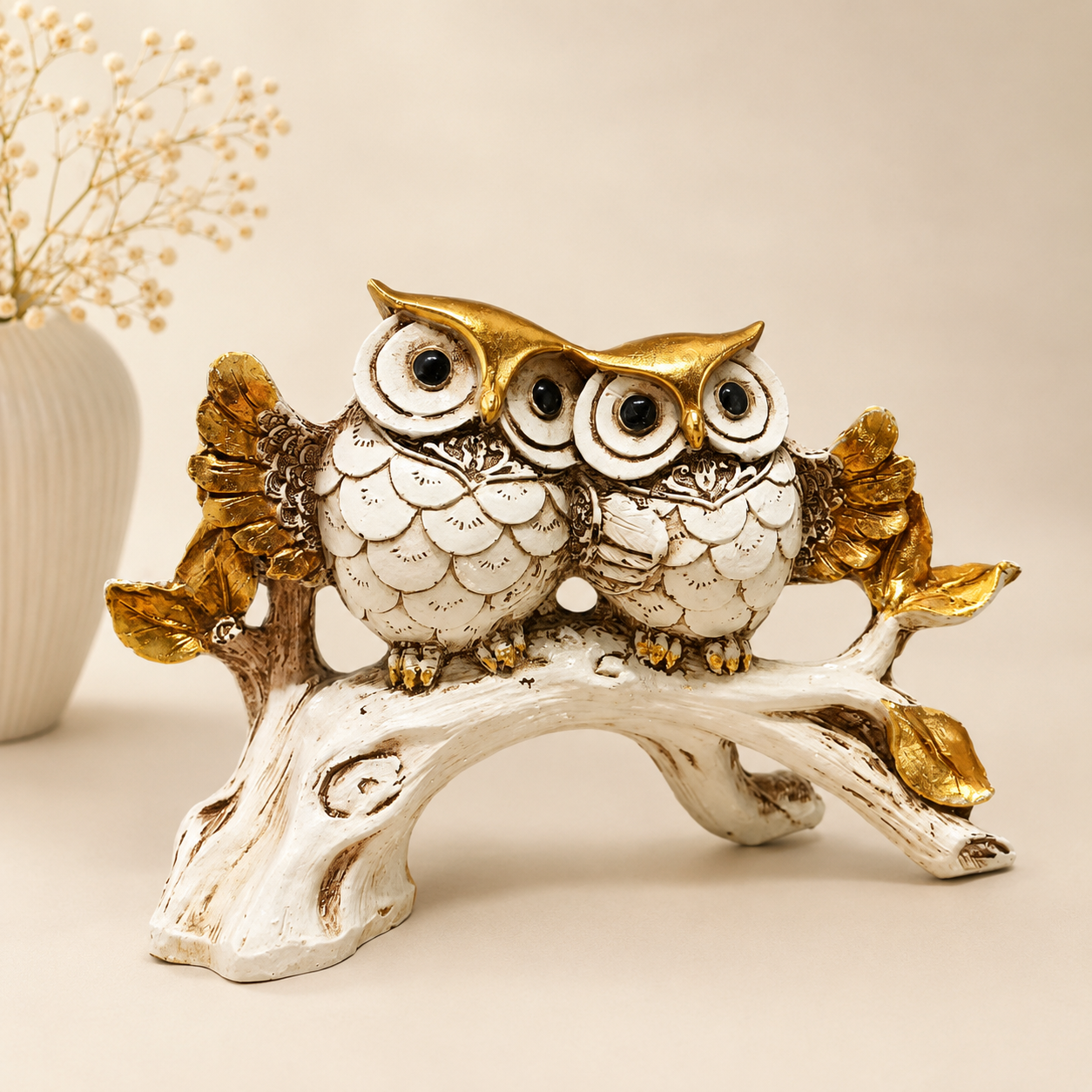 Twin Owl Figurine on Branch