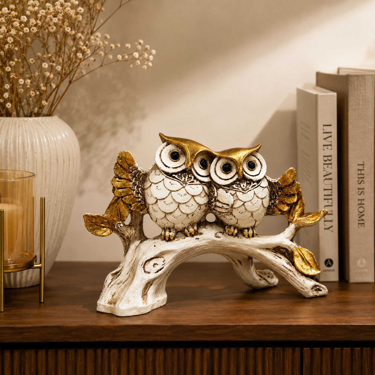 Twin Owl Figurine on Branch