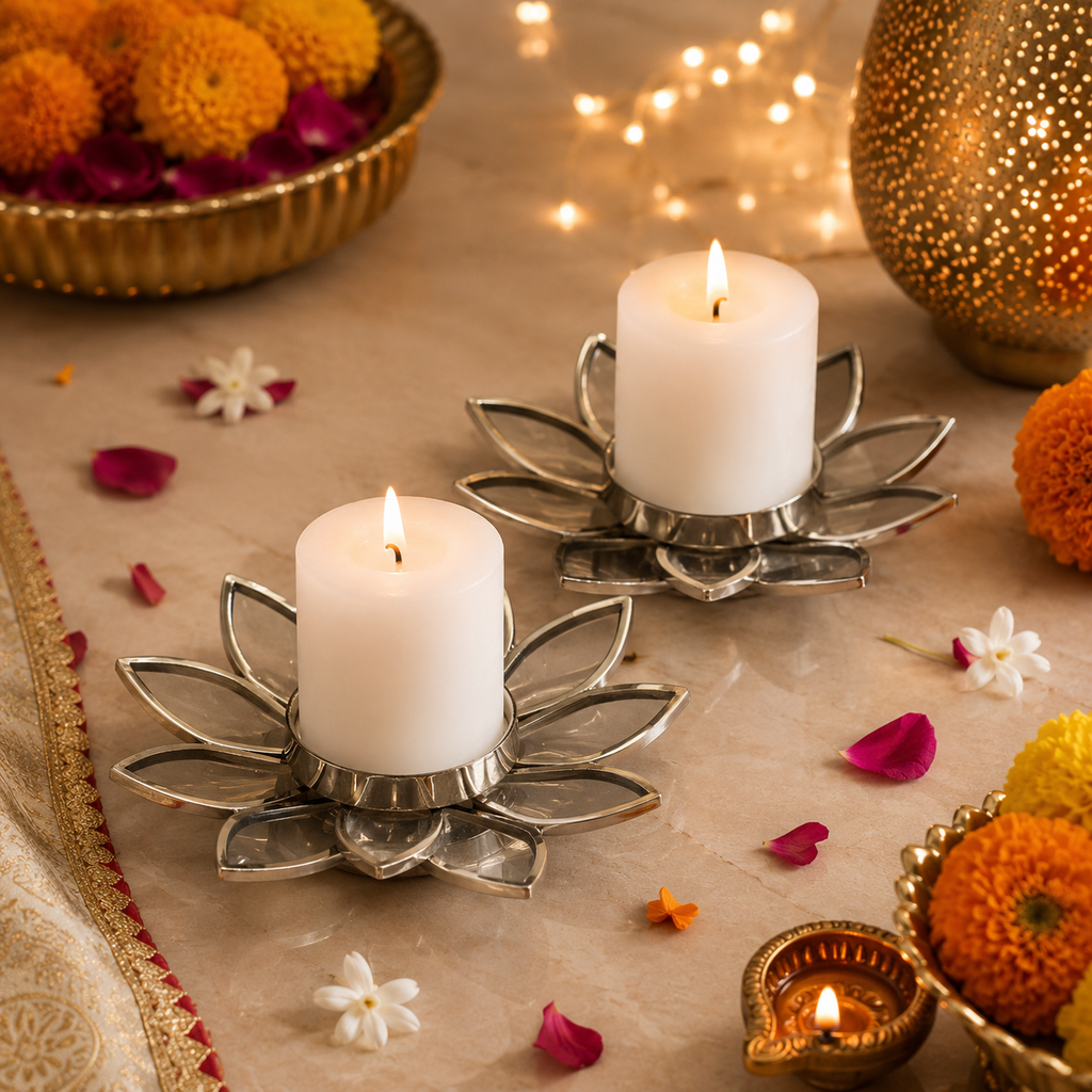 Lotus shape candle holder set of 2 with candles