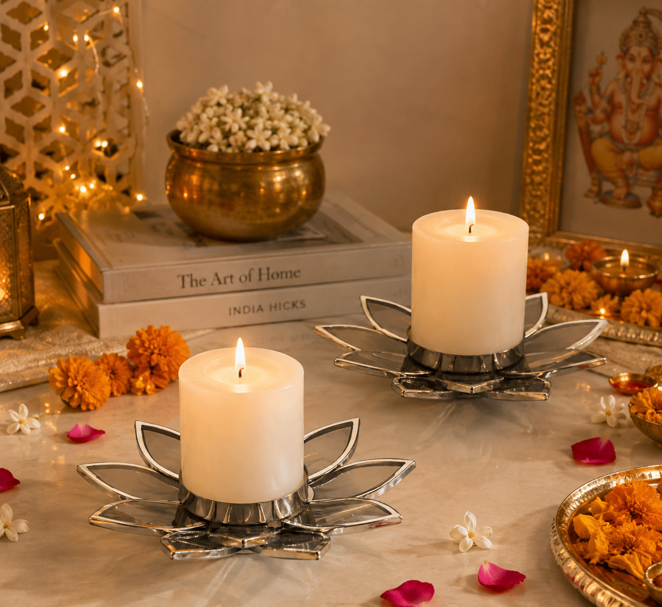 Lotus shape candle holder with  glass set of 2 with candles