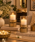 Ribbed Candle Holder – Gold Antique Finish with Glass