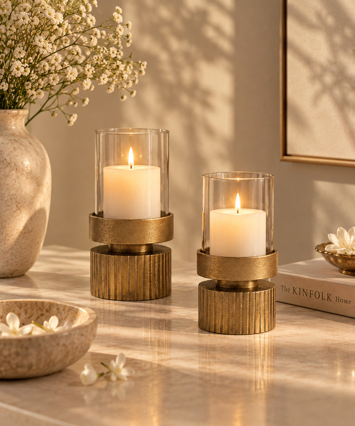 Ribbed Candle Holder – Gold Antique Finish with Glass