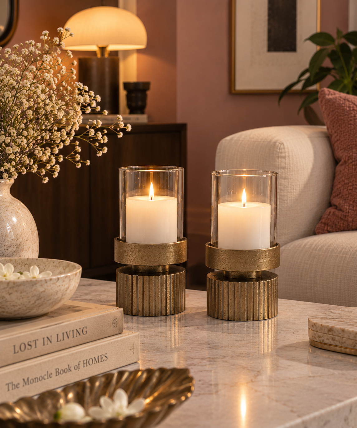 Ribbed Candle Holder – Gold Antique Finish with Glass