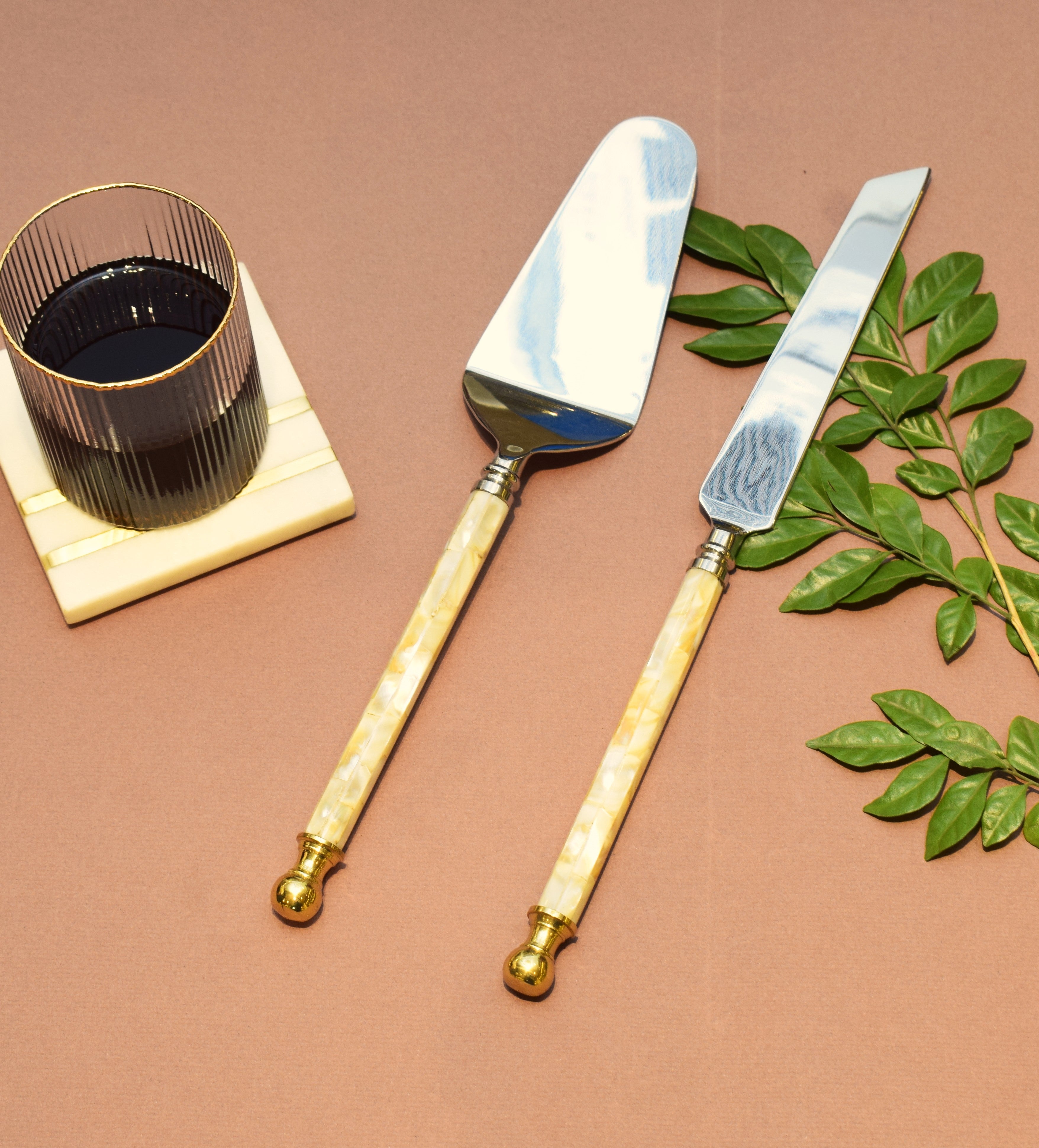 SS cake cutlery set of 2 with MOP  handle