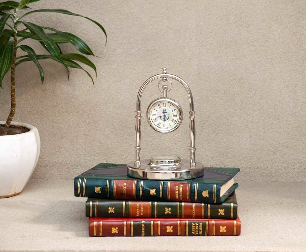 Table clock with compass in a Nickle finish