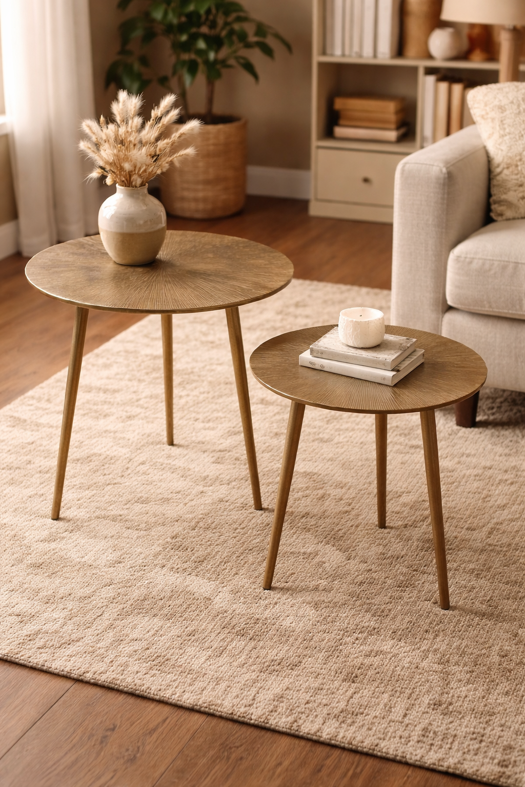 Two round nesting side tables with light natural wood tops and tapered wooden legs, styled in a cozy living room setting on a beige rug.