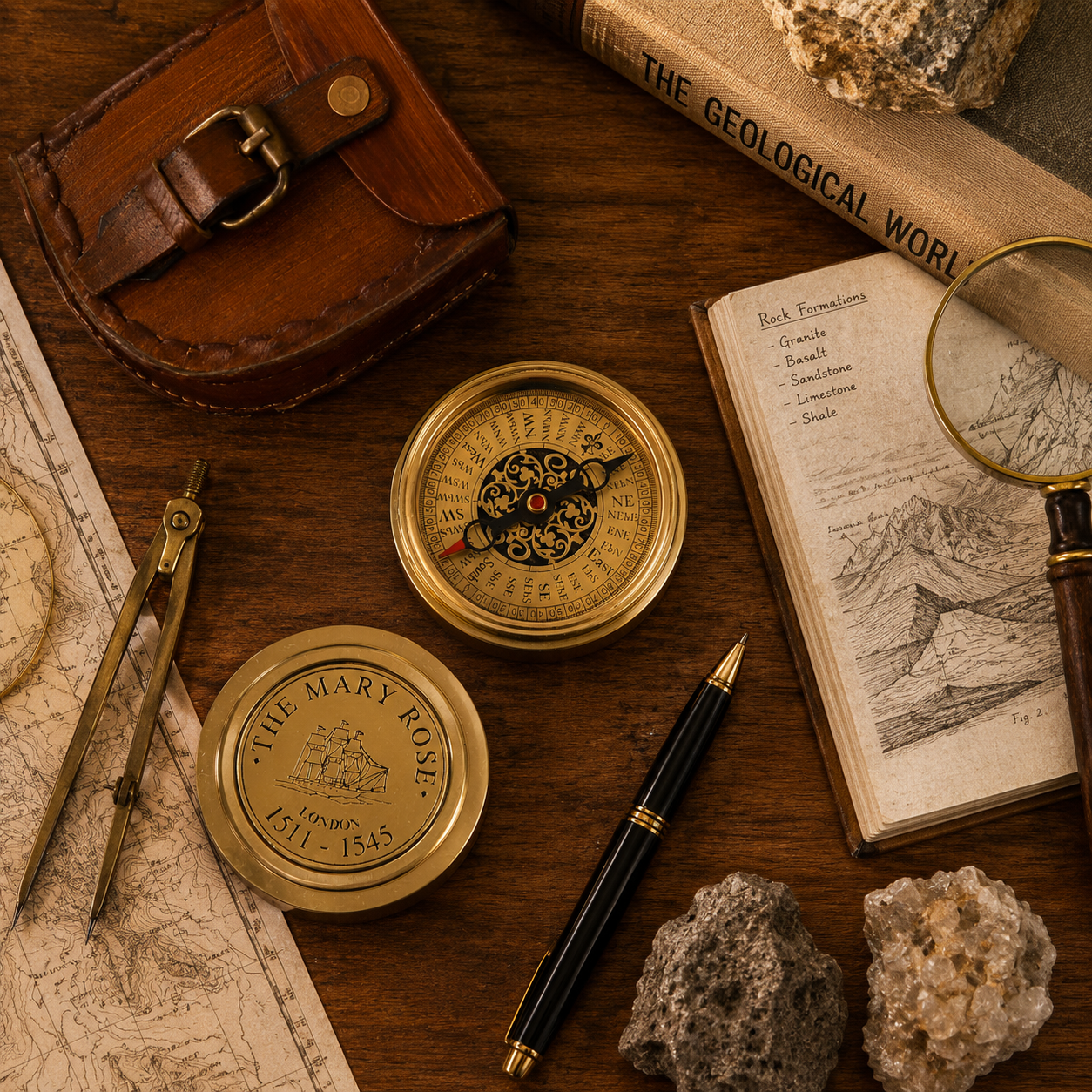 Brass Pocket Compass with Leather Case