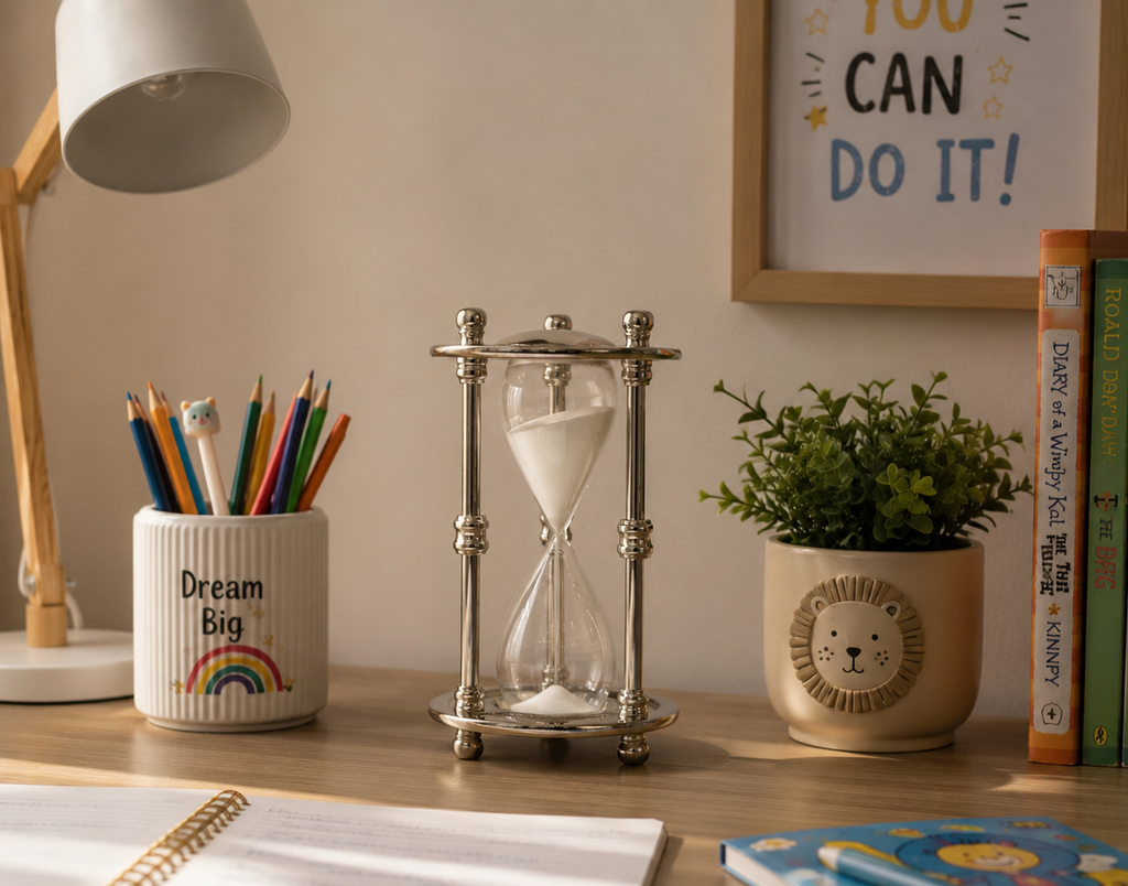 Decorative Hourglass – Nickel Plated with Black Acrylic Base