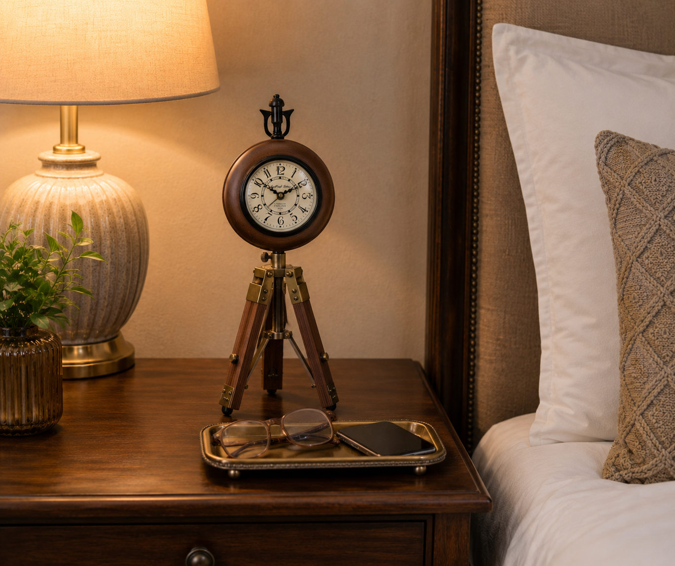 Wooden table clock on a tripod stand