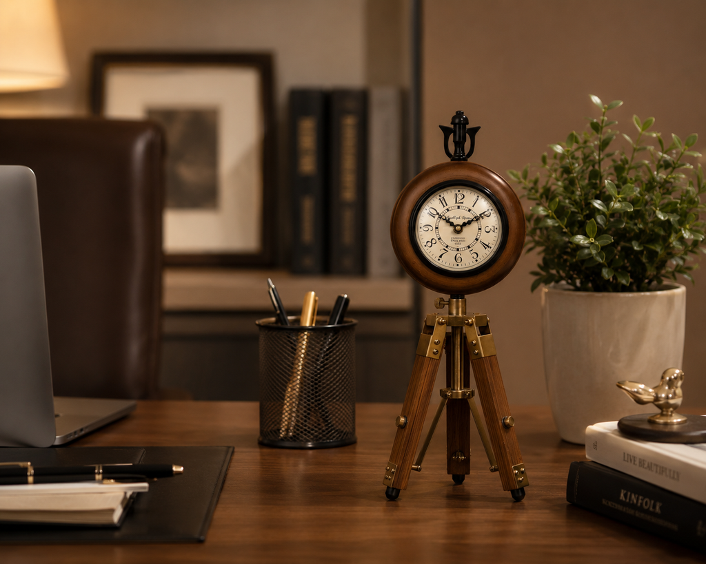 Wooden table clock on a tripod stand