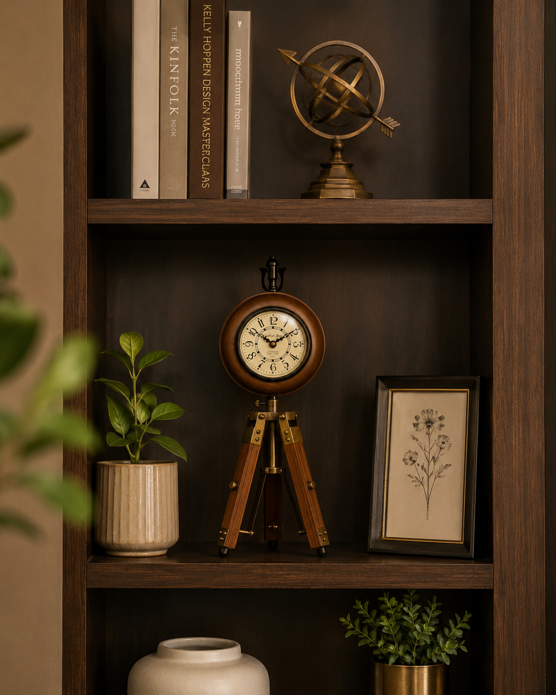 Wooden table clock on a tripod stand