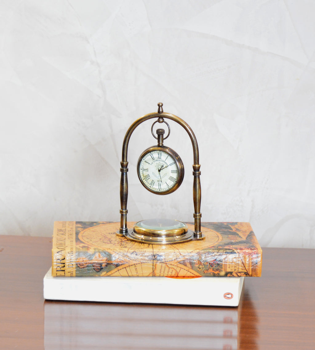 Table clock with compass in a Brass Antique Finish