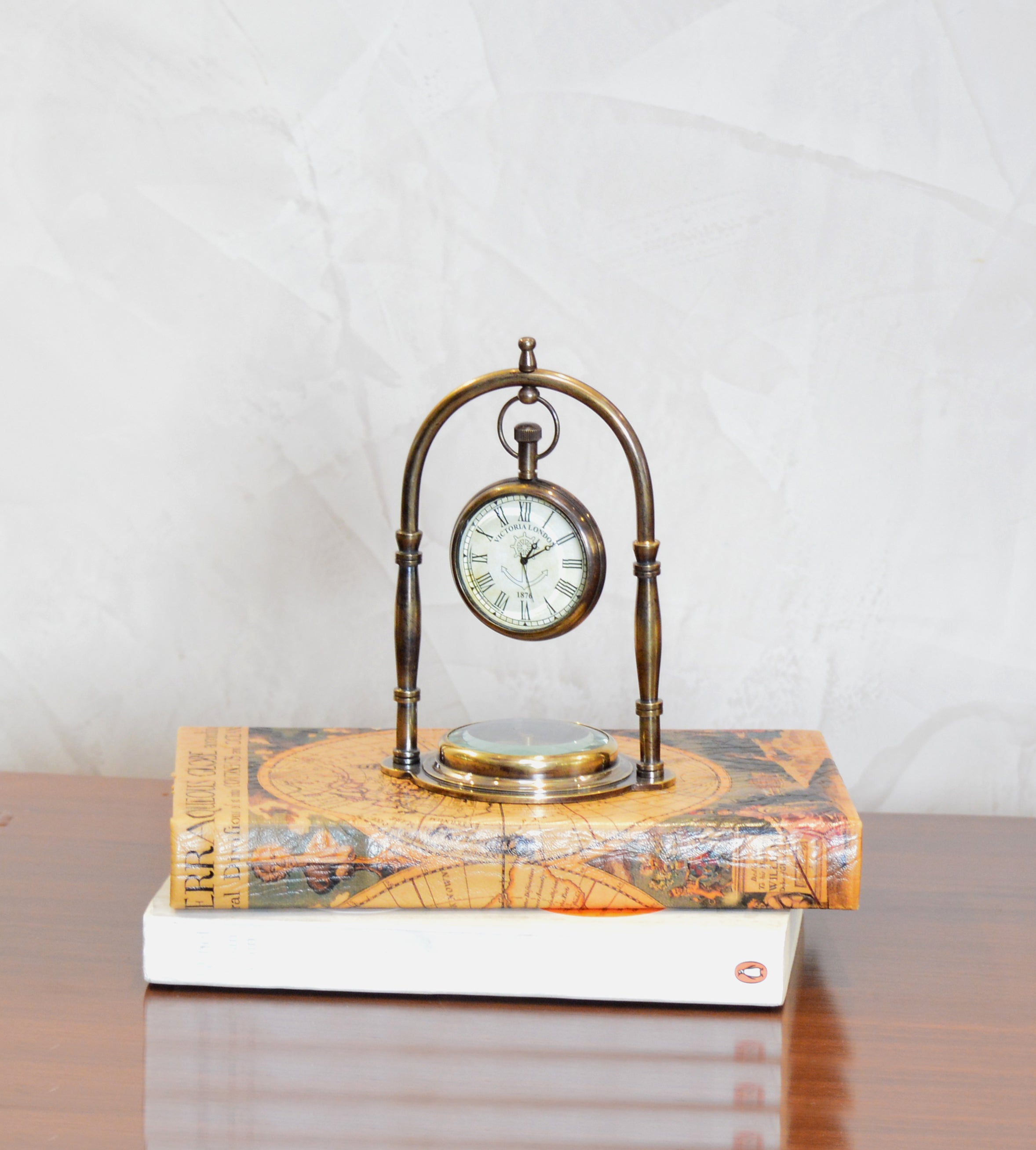 Table clock with compass in a Brass Antique Finish