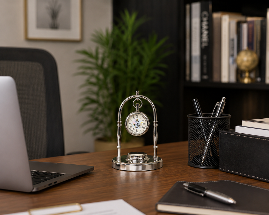 Table clock with compass in a Nickle finish
