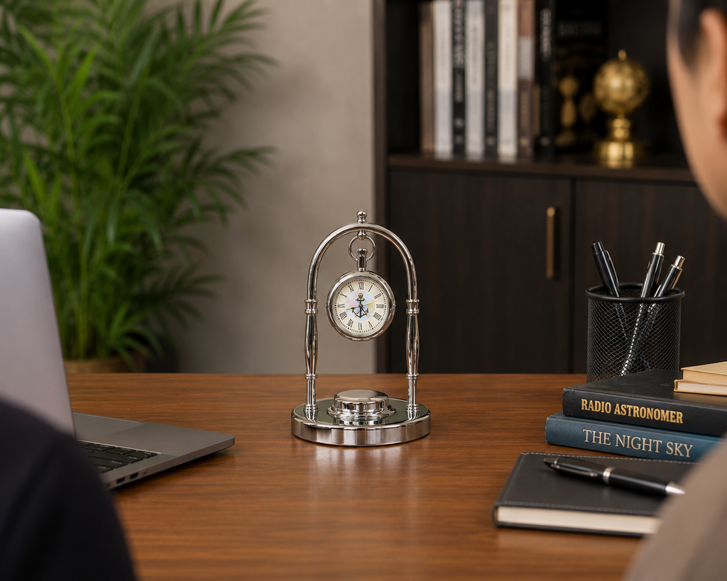 Table clock with compass in a Nickle finish