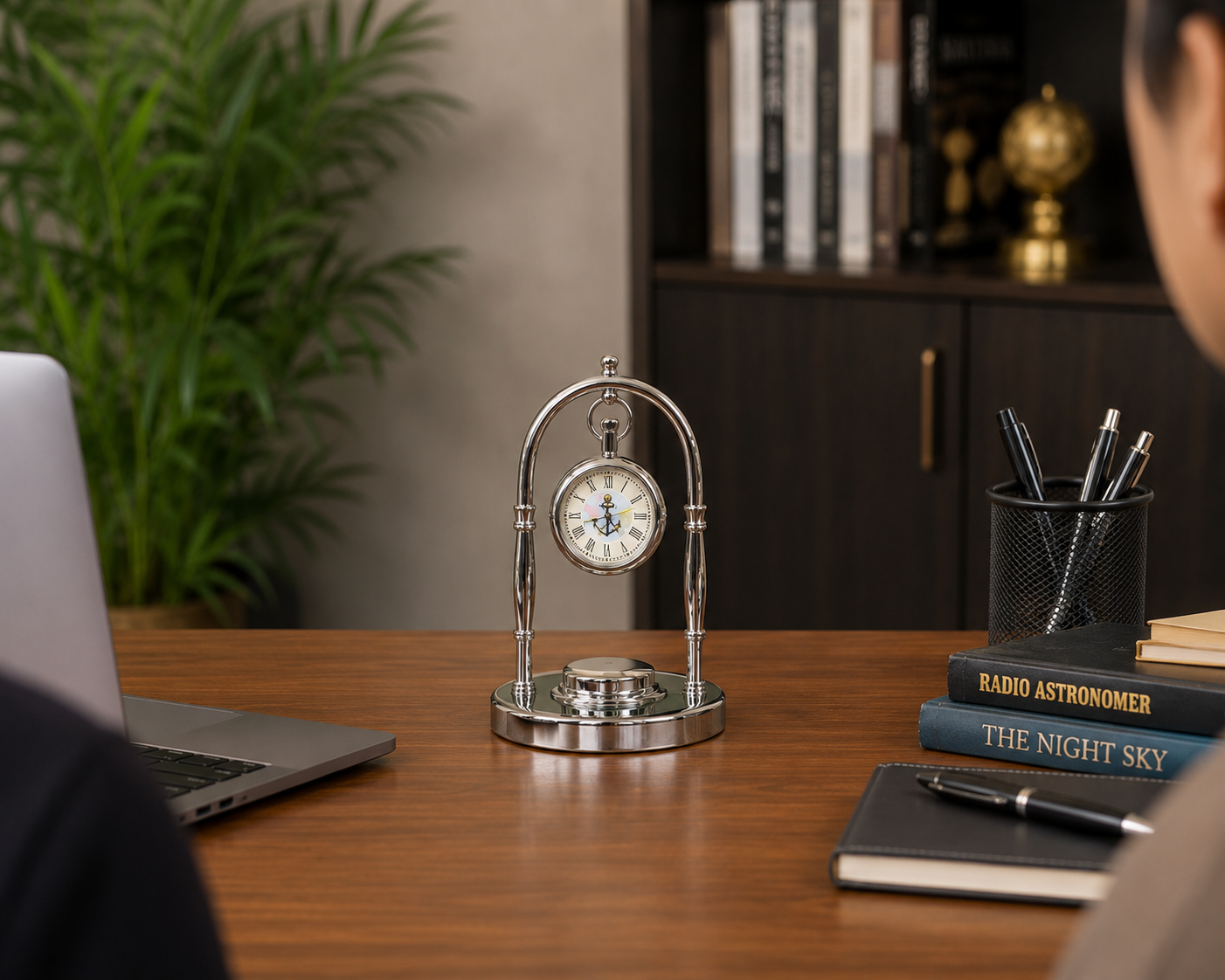 Table clock with compass in a Nickle finish