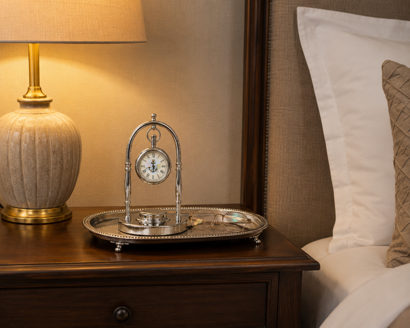 Table clock with compass in a Nickle finish