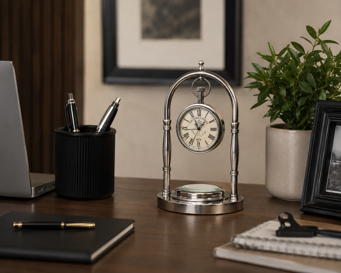 Table clock with compass in a Nickle finish