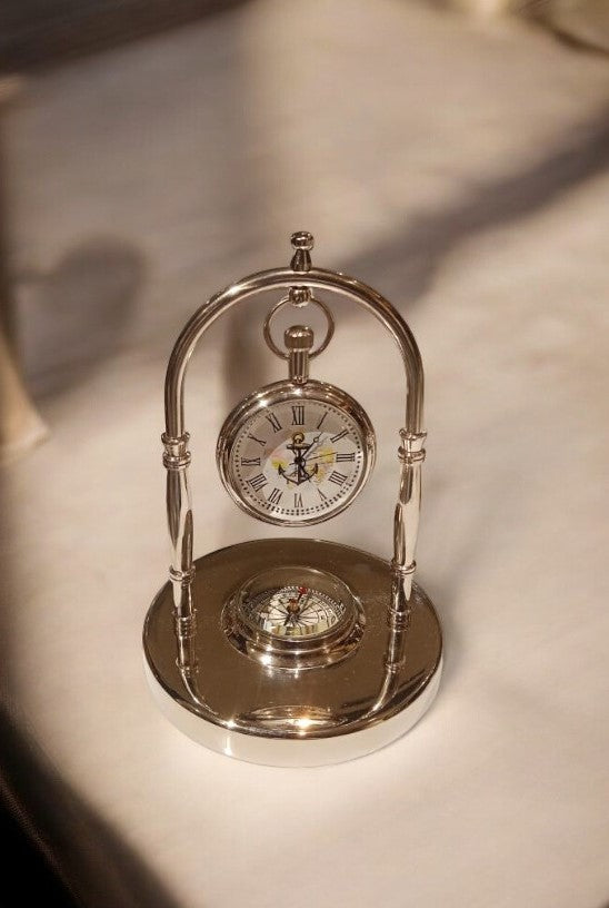 Table clock with compass in a Nickle finish