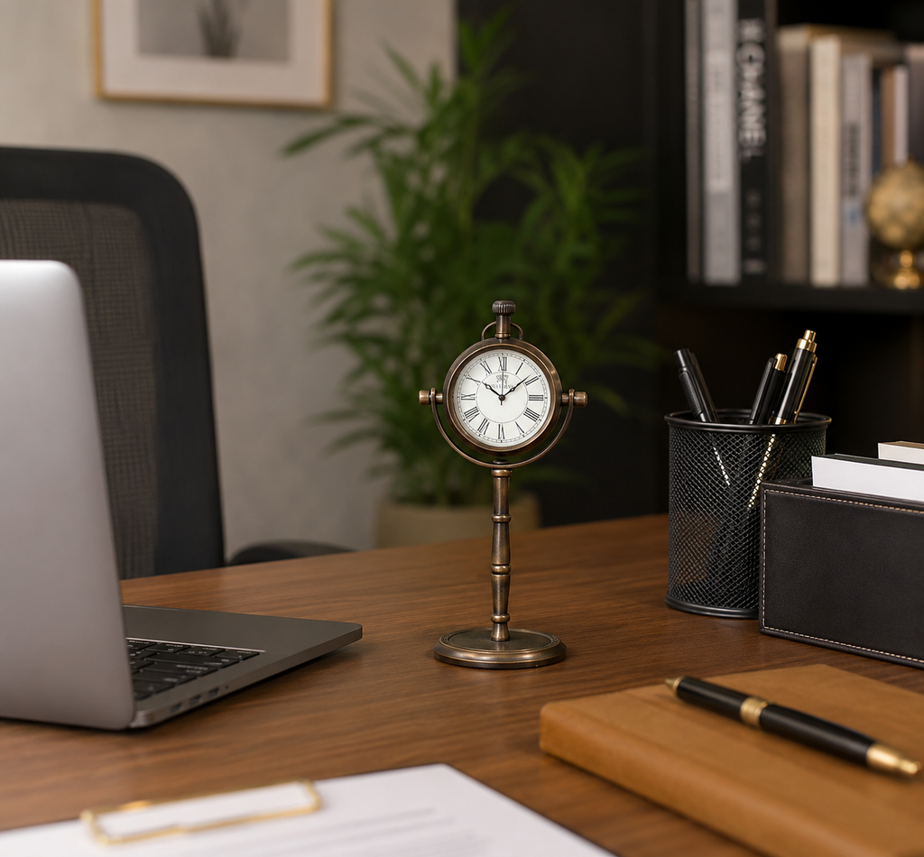 Table clock on stand in brass finish