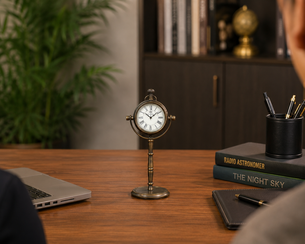Table clock on stand in brass finish