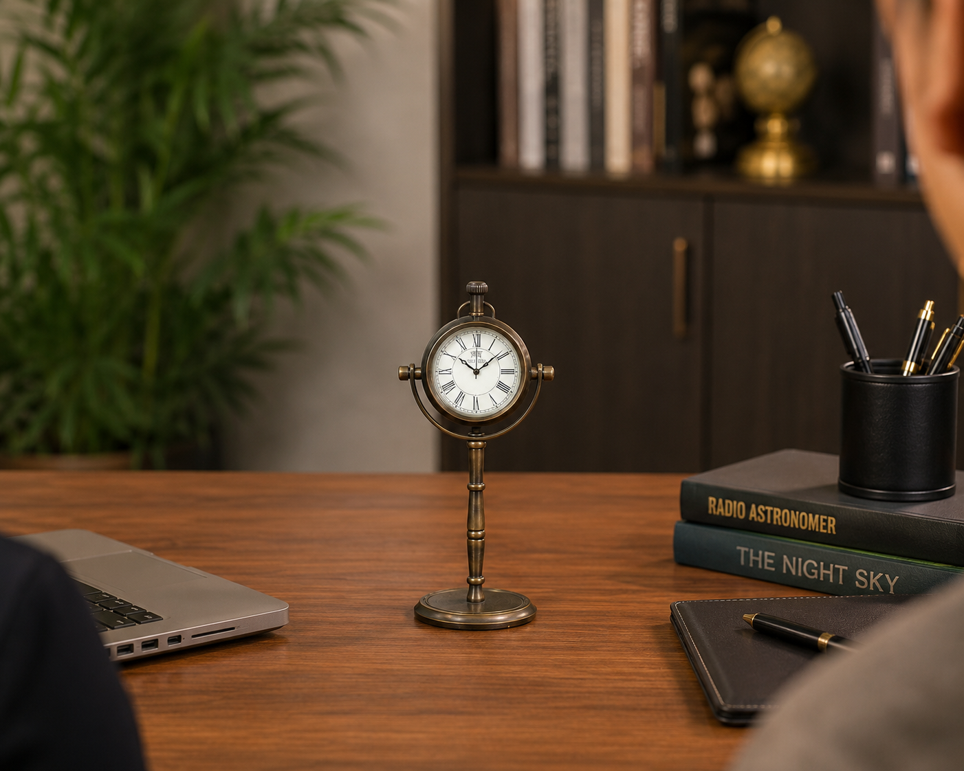 Table clock on stand in brass finish