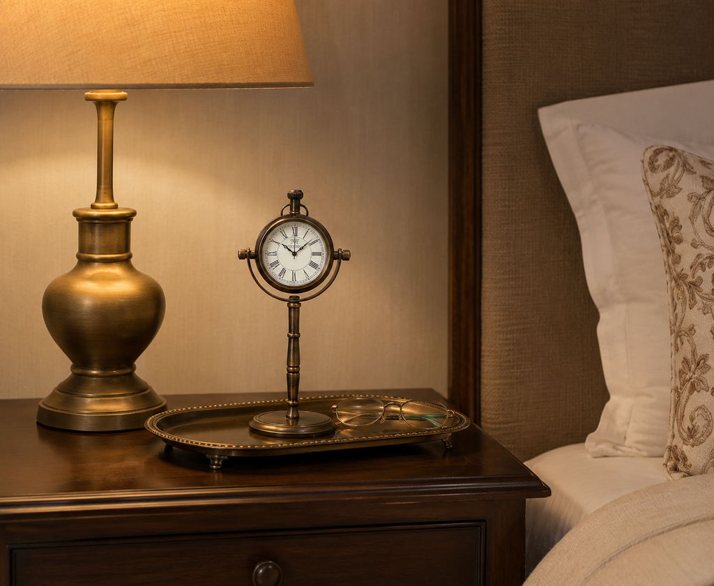 Table clock on stand in brass finish