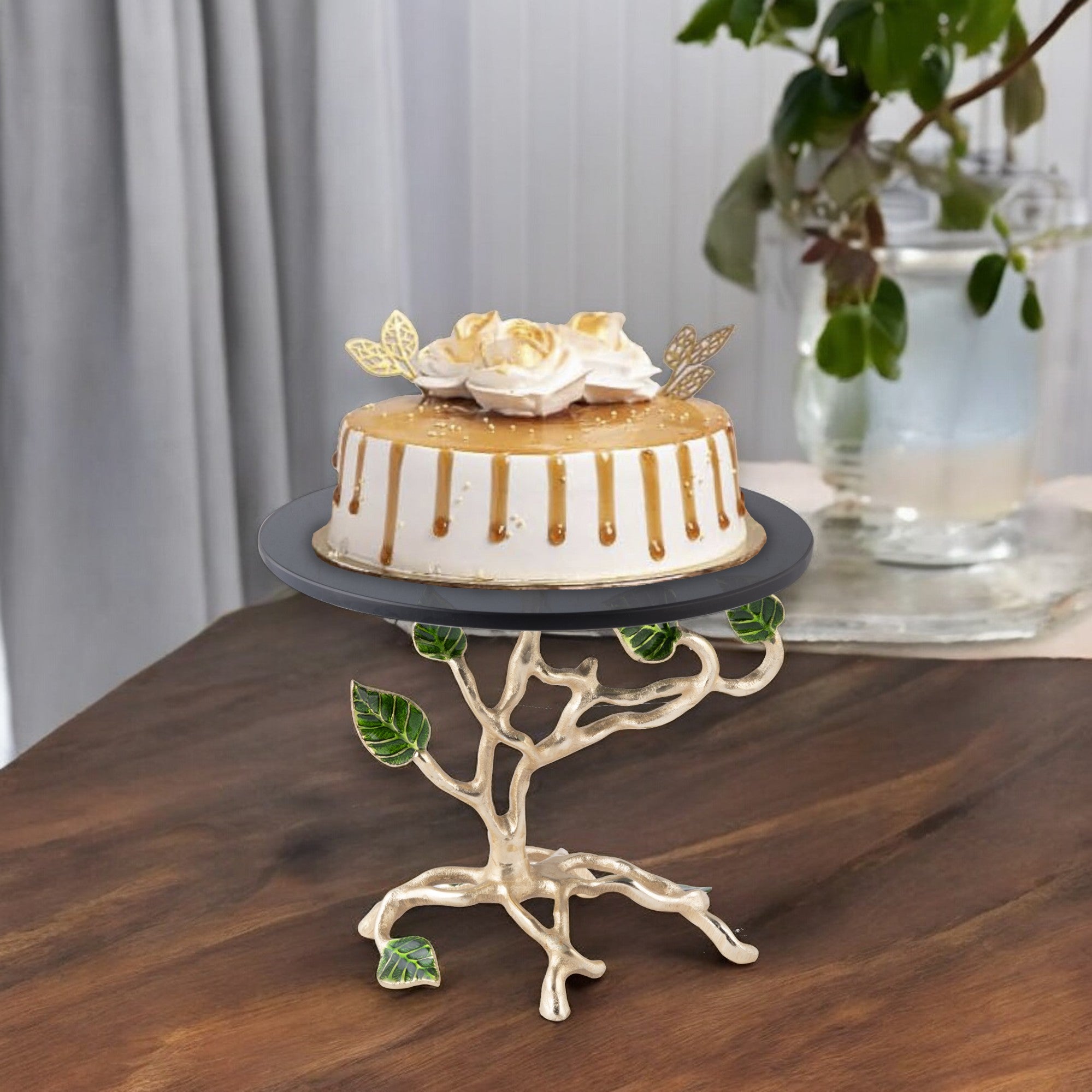 ALUMINIUM LEAF CAKE STAND WITH GLASS